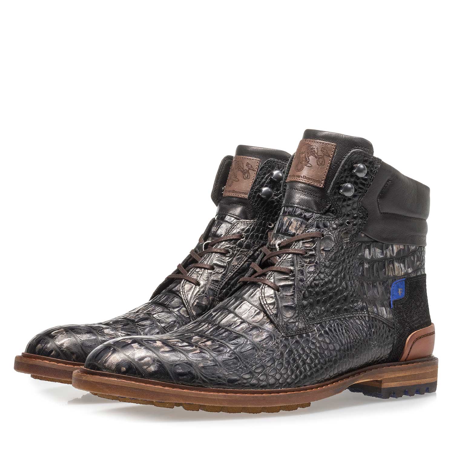 10234/17 - Schwarzer Leder-Schnürstiefel mit Krokoprint 10234/17 - Schwarzer Leder-Schnürstiefel mit Krokoprint