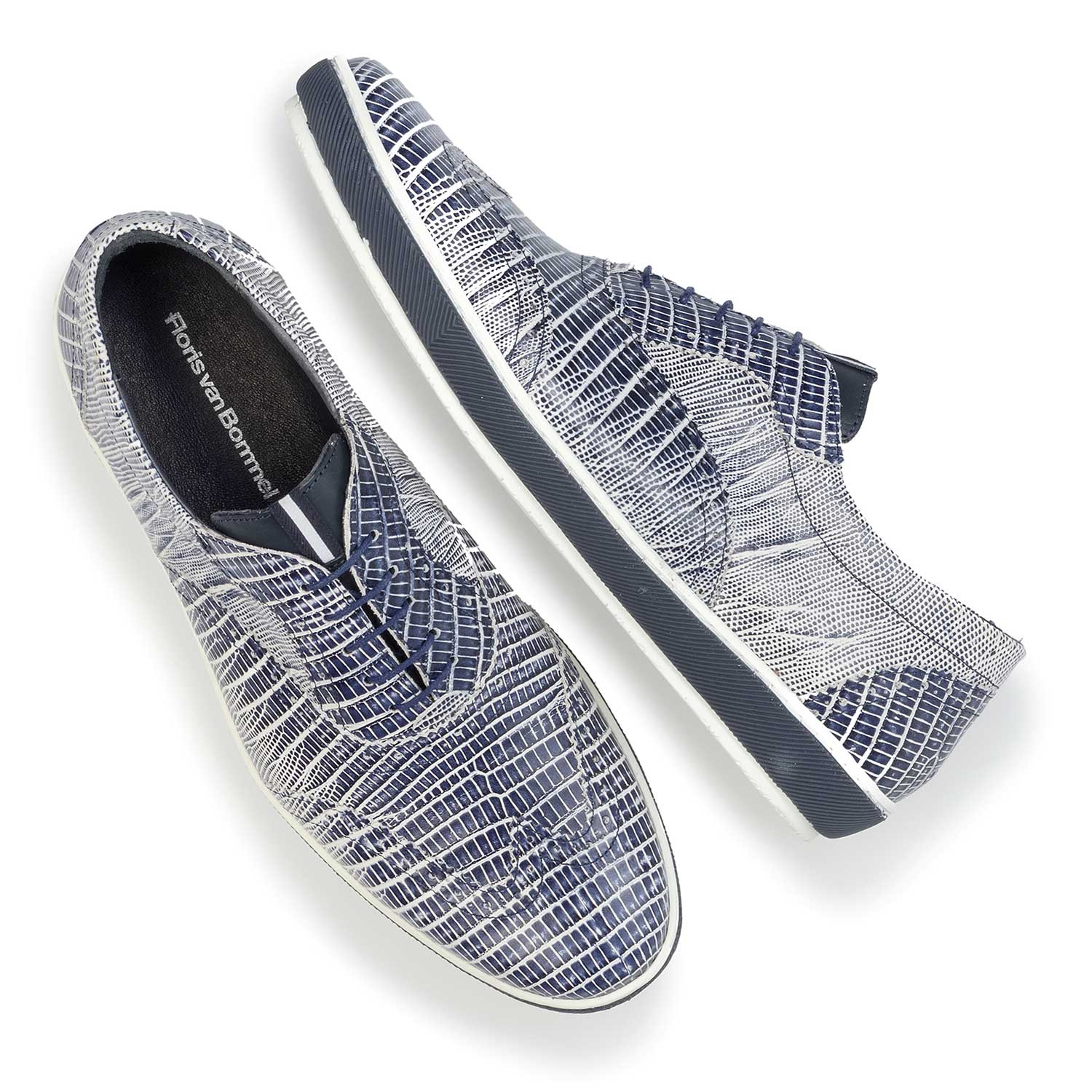 19036/37 - Blauer Leder Sneaker mit Eidechsenprint 19036/37 - Blauer Leder Sneaker mit Eidechsenprint