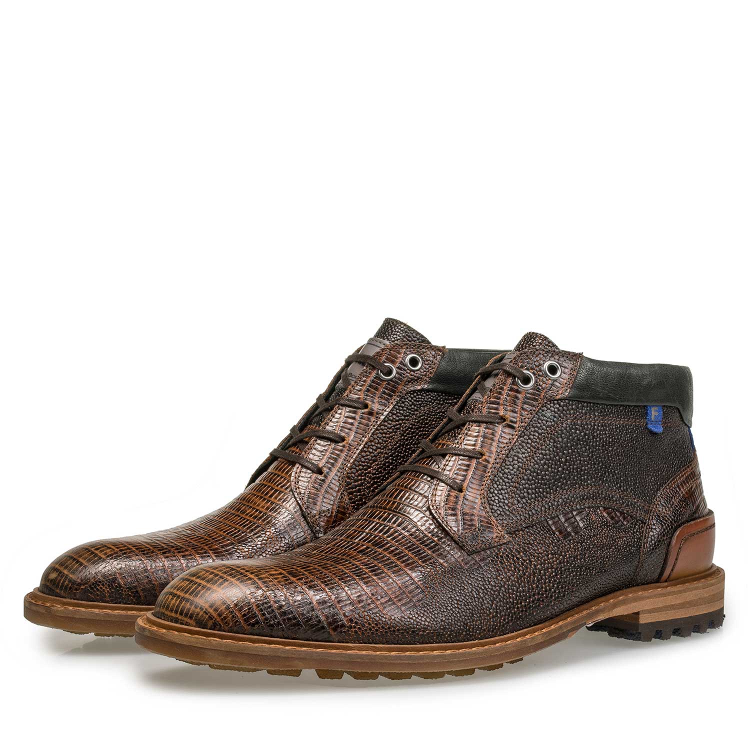 10228/00 - Cognacfarbener Leder-Schnürstiefel mit Eidechsenprint 10228/00 - Cognacfarbener Leder-Schnürstiefel mit Eidechsenprint