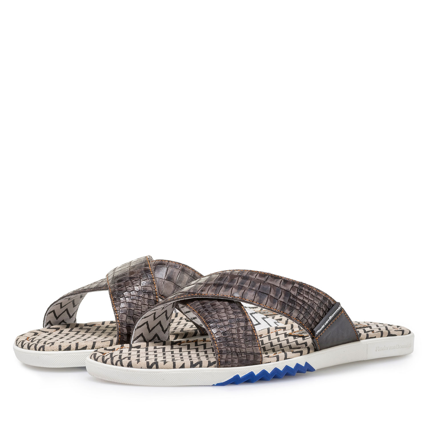 20200/11 - Dunkelgrauer Nubukleder Kreuzriemen-Slipper mit Print 20200/11 - Dunkelgrauer Nubukleder Kreuzriemen-Slipper mit Print