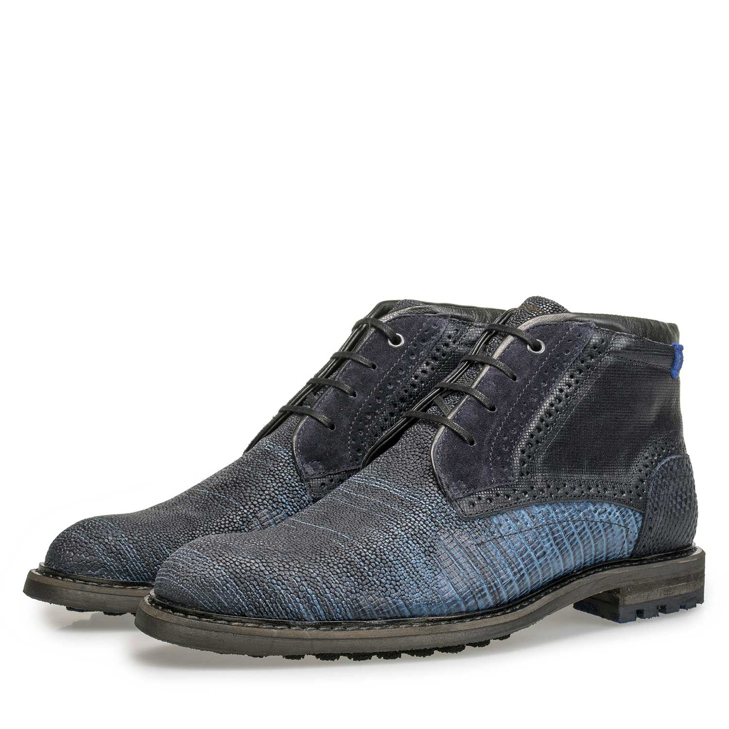10978/10 - Blue leather lace boot with structural pattern 10978/10 - Blue leather lace boot with structural pattern