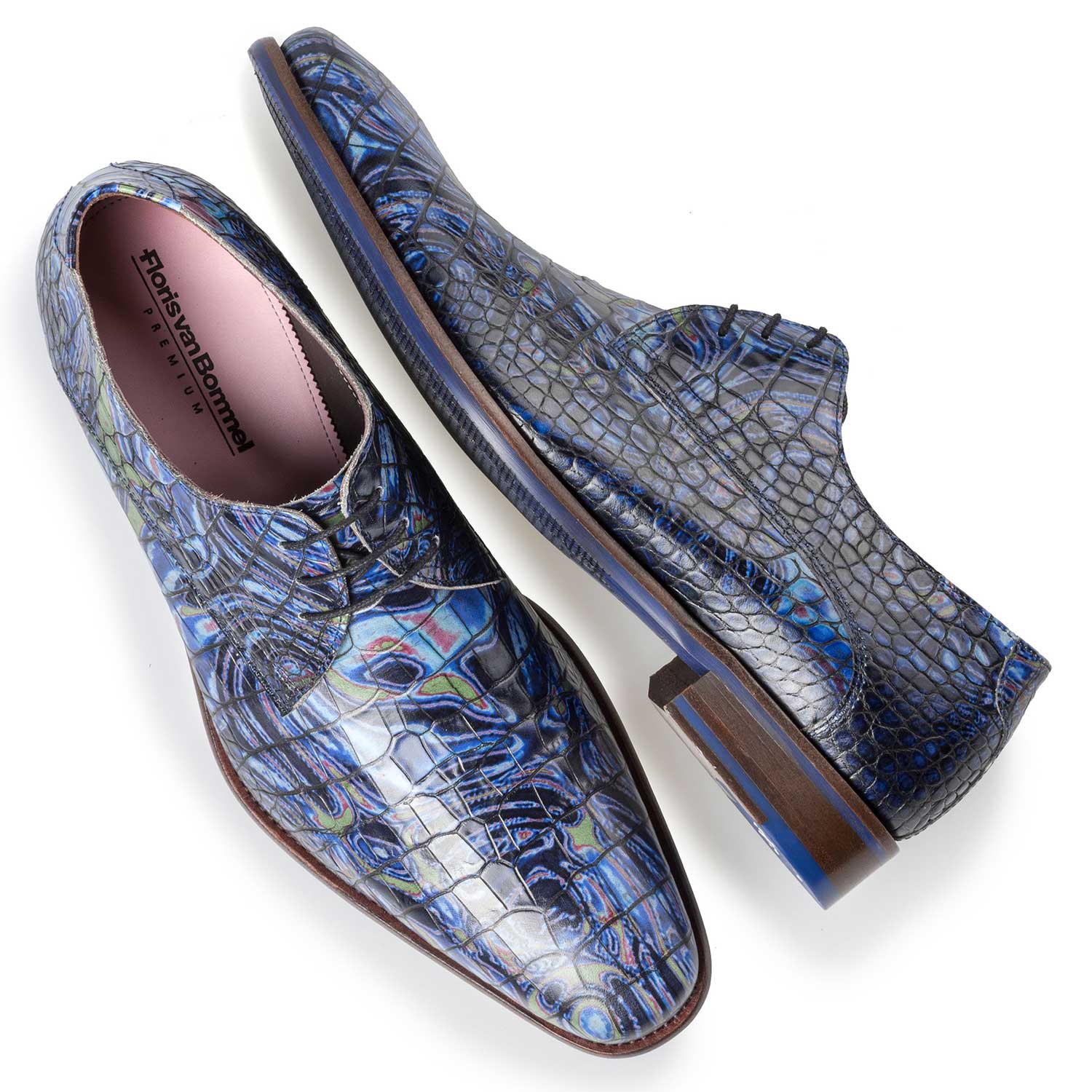 14267/03 - Blauer Premium Leder Schnürschuh mit Krokoprint 14267/03 - Blauer Premium Leder Schnürschuh mit Krokoprint