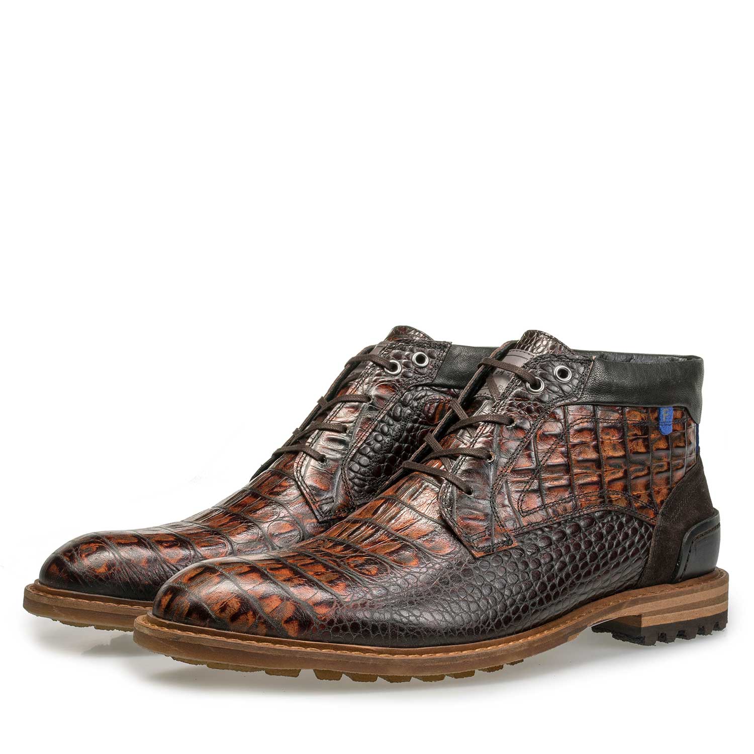 10228/12 - Mid-high brown leather lace boot with croco print 10228/12 - Mid-high brown leather lace boot with croco print
