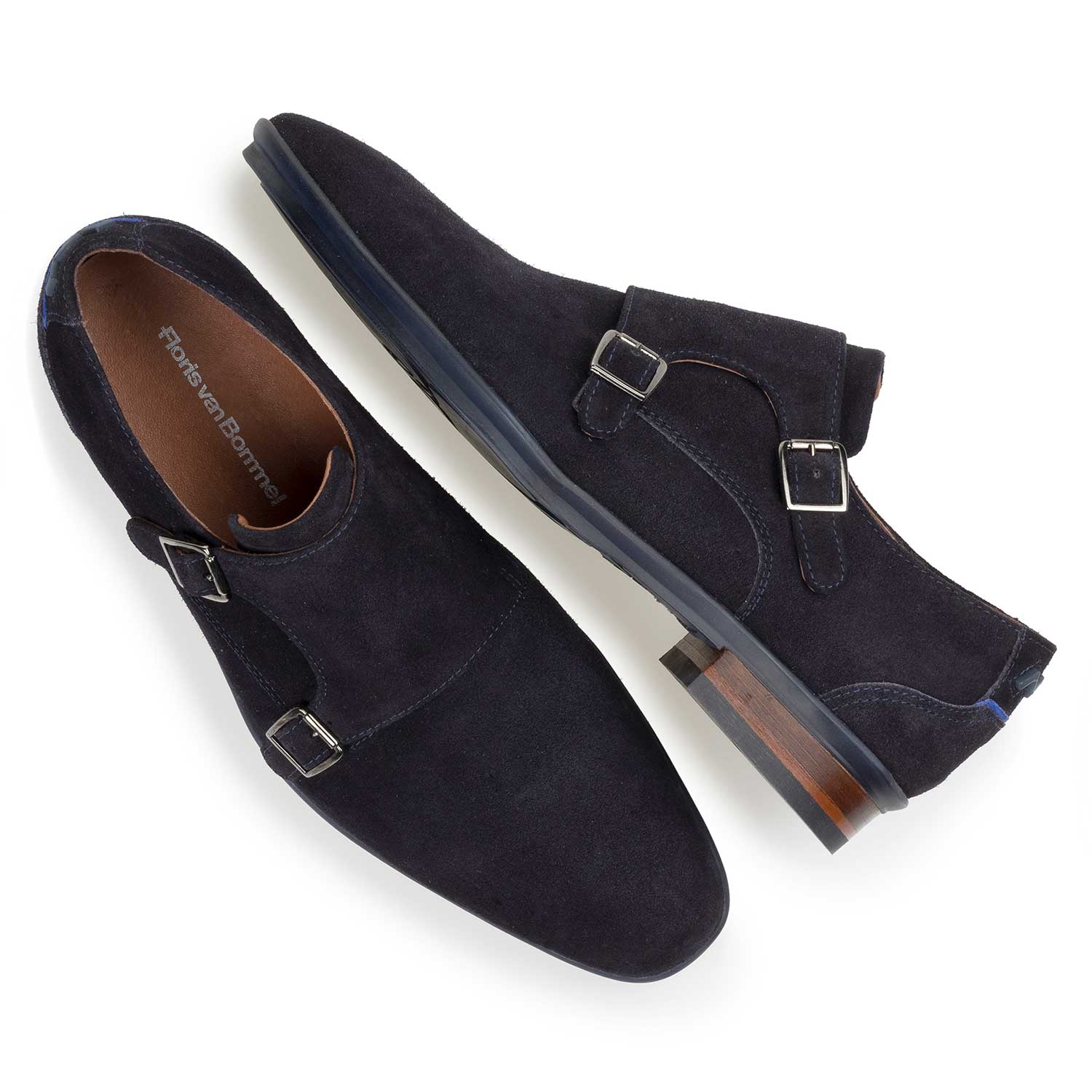 12132/14 - Blue calf suede leather double buckle monk strap 12132/14 - Blue calf suede leather double buckle monk strap