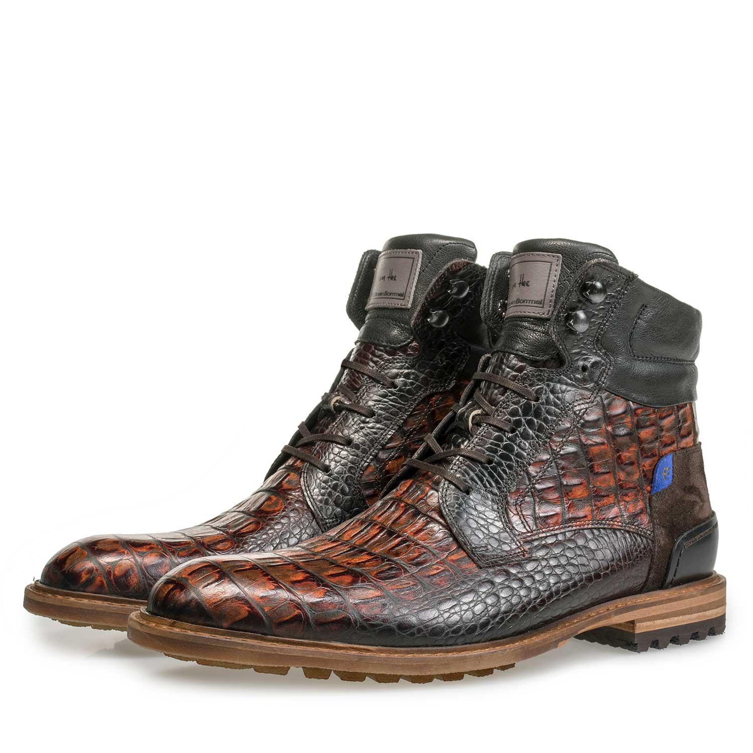 10234/12 - Brauner Kalbsleder-Schnürstiefel mit Krokoprint 10234/12 - Brauner Kalbsleder-Schnürstiefel mit Krokoprint