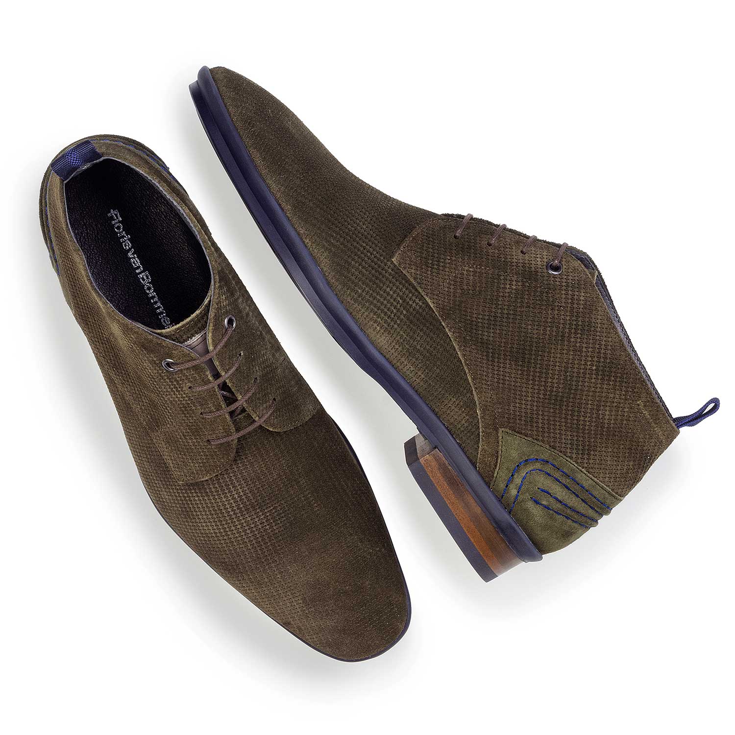 10960/15 - Olive green suede leather lace boot with pattern 10960/15 - Olive green suede leather lace boot with pattern