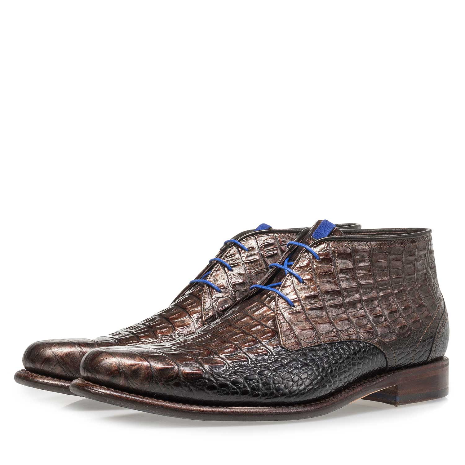 10634/08 - Bronzefarbener Leder-Schnürstiefel mit Krokoprint 10634/08 - Bronzefarbener Leder-Schnürstiefel mit Krokoprint