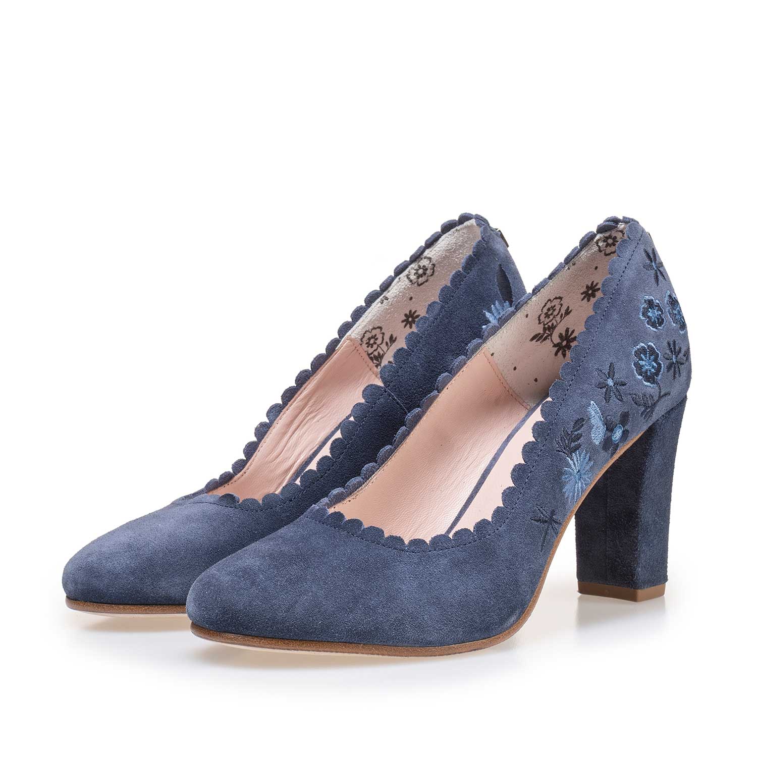 85238/00 - Blaue Wildleder Pumps mit Blumenstickerei 85238/00 - Blaue Wildleder Pumps mit Blumenstickerei