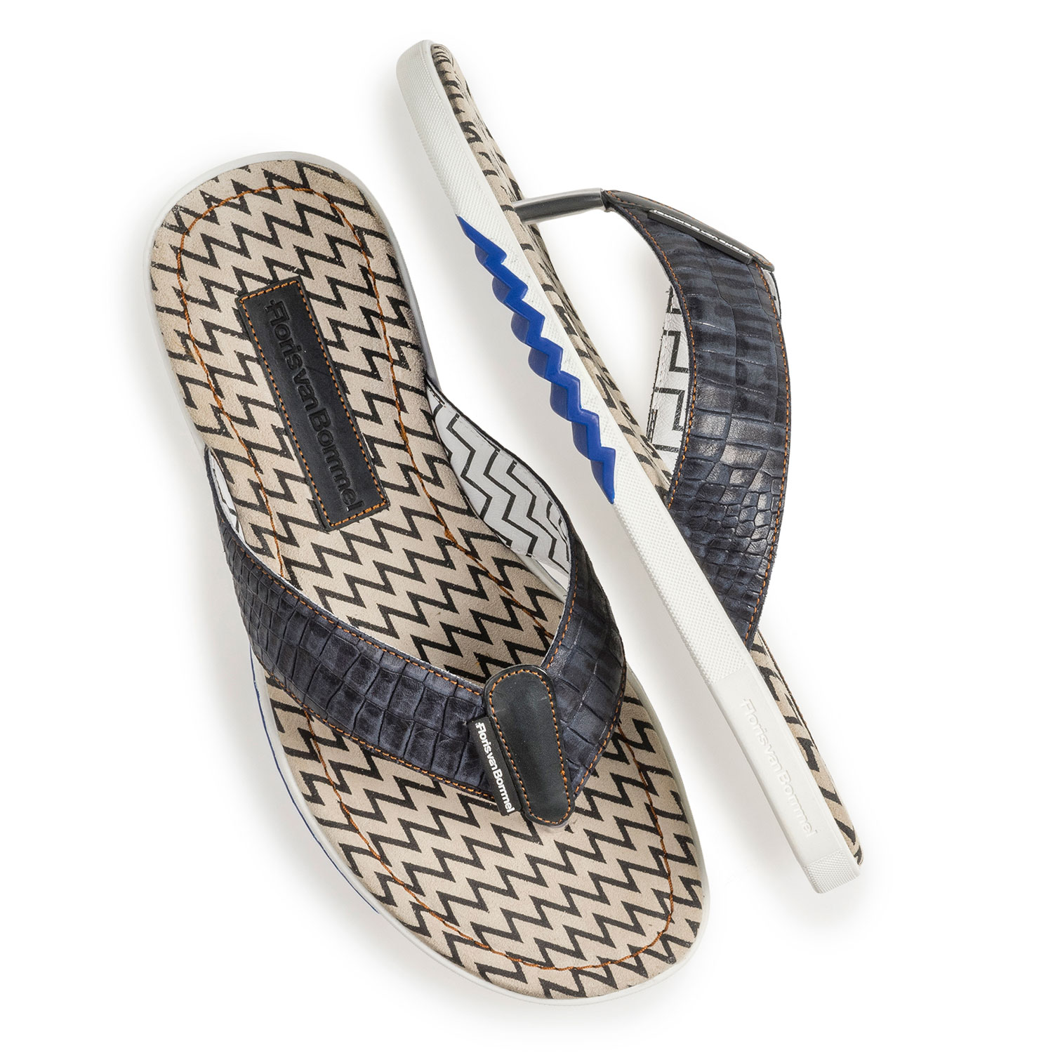 20201/16 - Dunkelblauer Zehentrenner-Slipper mit Krokoprint 20201/16 - Dunkelblauer Zehentrenner-Slipper mit Krokoprint