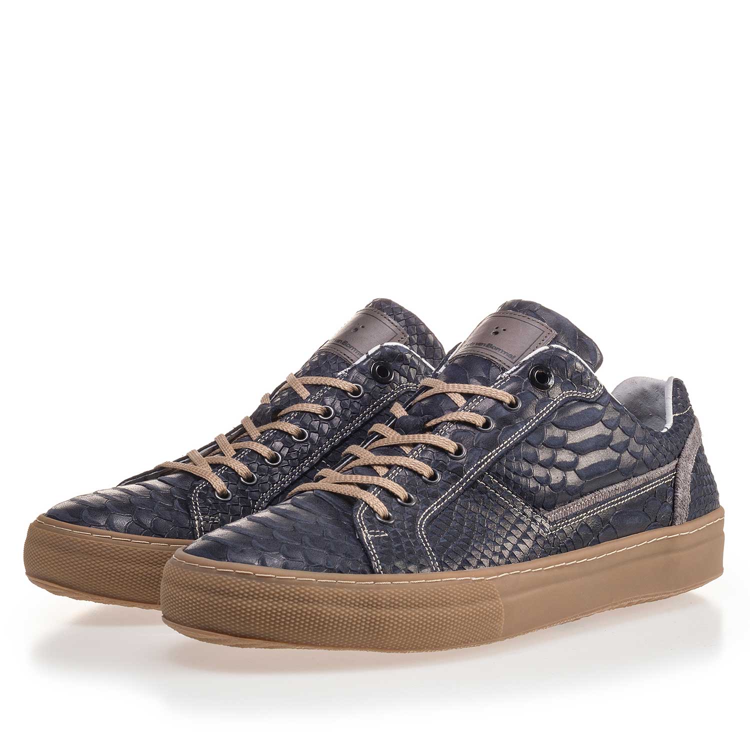 14448/14 - Dunkelblauer Leder Sneaker mit Schlangenprint 14448/14 - Dunkelblauer Leder Sneaker mit Schlangenprint