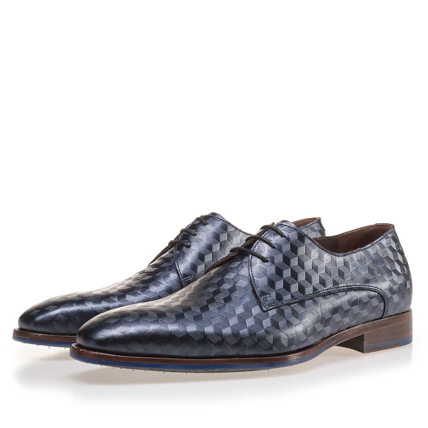 14168/01 - Blue leather lace shoe finished with a hexagon print 14168/01 - Blue leather lace shoe finished with a hexagon print