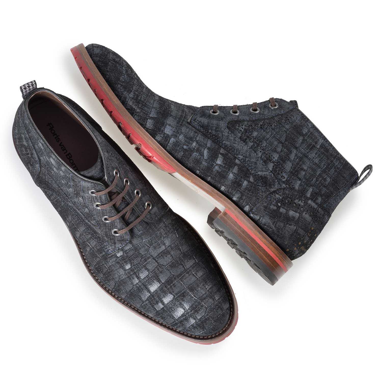 10317/08 - Blauer Wildleder-Schnürstiefel mit Karomuster 10317/08 - Blauer Wildleder-Schnürstiefel mit Karomuster