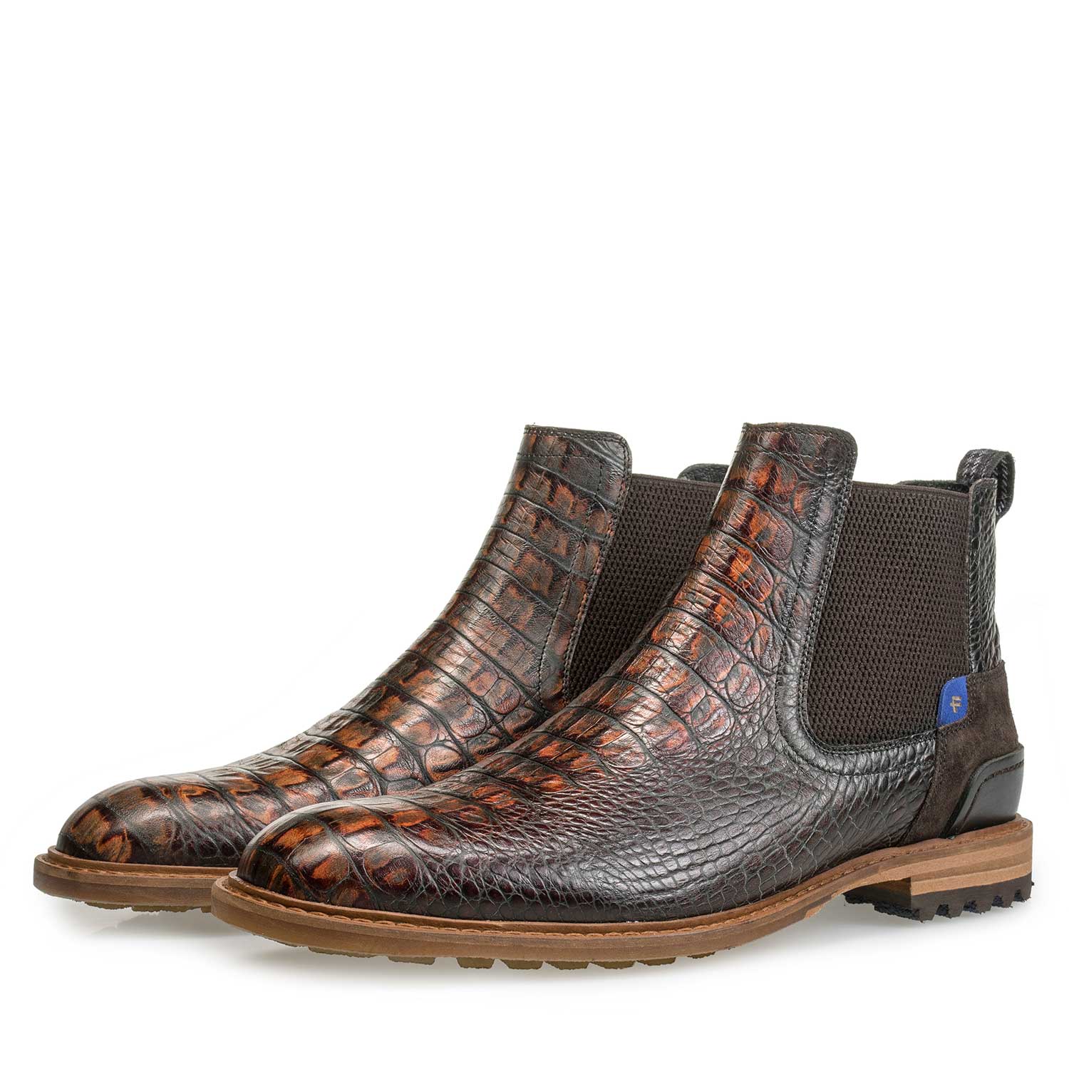 10230/12 - Brauner Kalbsleder Chelsea Boot mit Kroko-Print 10230/12 - Brauner Kalbsleder Chelsea Boot mit Kroko-Print