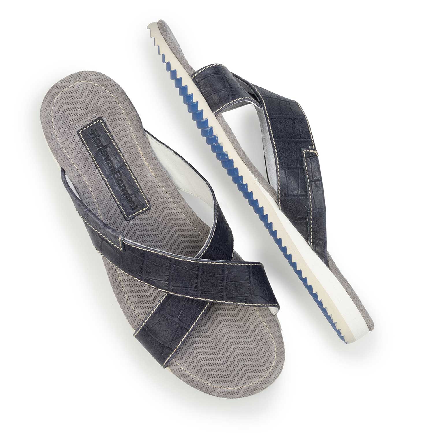 20023/21 - Dunkelblauer Lederslipper mit Kreuzriemen und Krokoprint 20023/21 - Dunkelblauer Lederslipper mit Kreuzriemen und Krokoprint