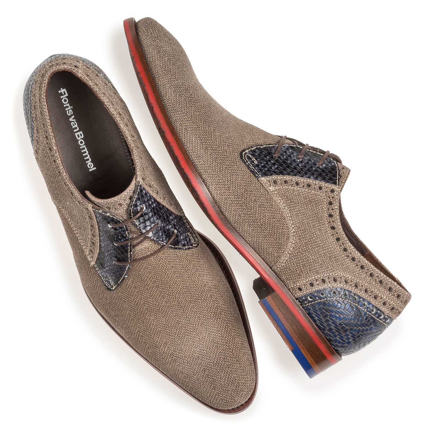18107/02 - Beigefarbener Wildleder-Schnürschuh mit blauem Print 18107/02 - Beigefarbener Wildleder-Schnürschuh mit blauem Print