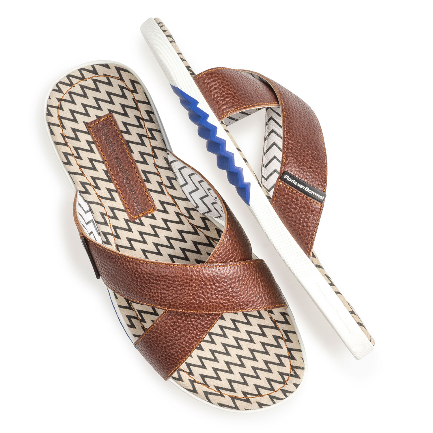 20200/10 - Cognacfarbener Kalbsleder Kreuzriemen-Slipper mit Print 20200/10 - Cognacfarbener Kalbsleder Kreuzriemen-Slipper mit Print