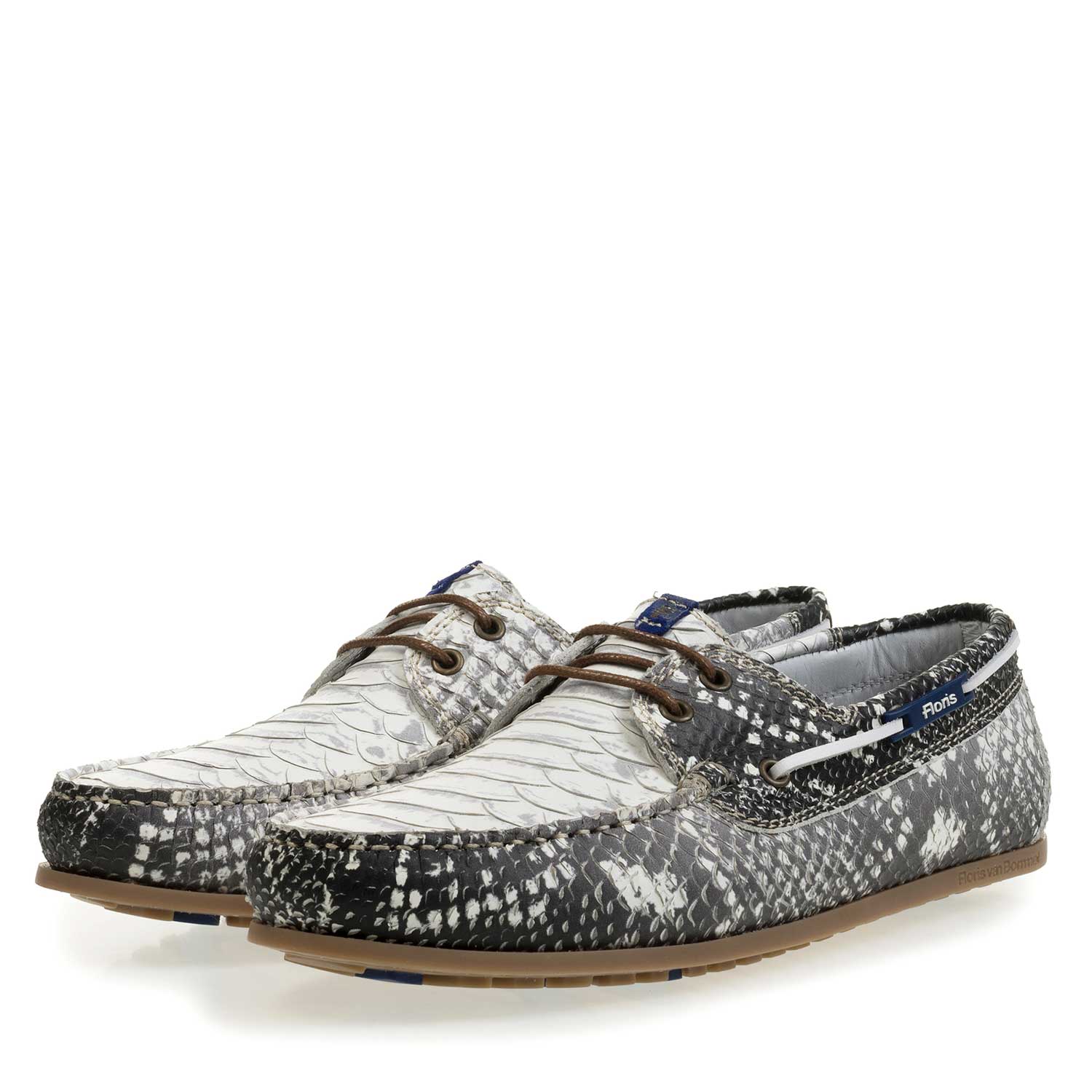 15035/05 - Grauer Leder Bootsschuh mit Schlangenprint 15035/05 - Grauer Leder Bootsschuh mit Schlangenprint