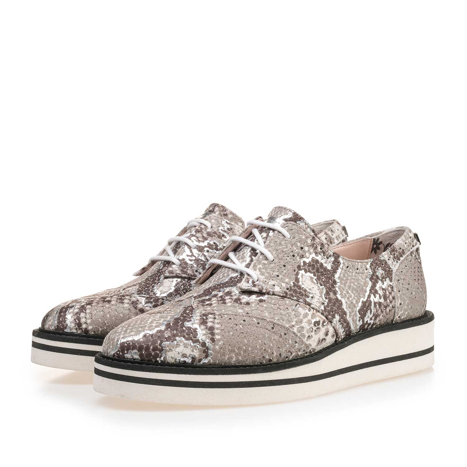 85225/03 - Taupefarbener Leder Brogue Schnürschuh mit Schlangenprint 85225/03 - Taupefarbener Leder Brogue Schnürschuh mit Schlangenprint