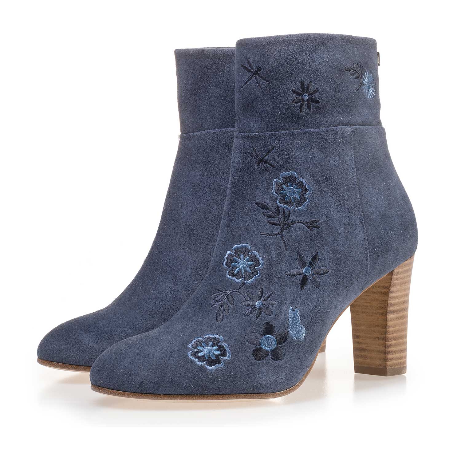 85240/00 - Blue calf's suede leather ankle boot with floral embroidery stitching 85240/00 - Blue calf's suede leather ankle boot with floral embroidery stitching