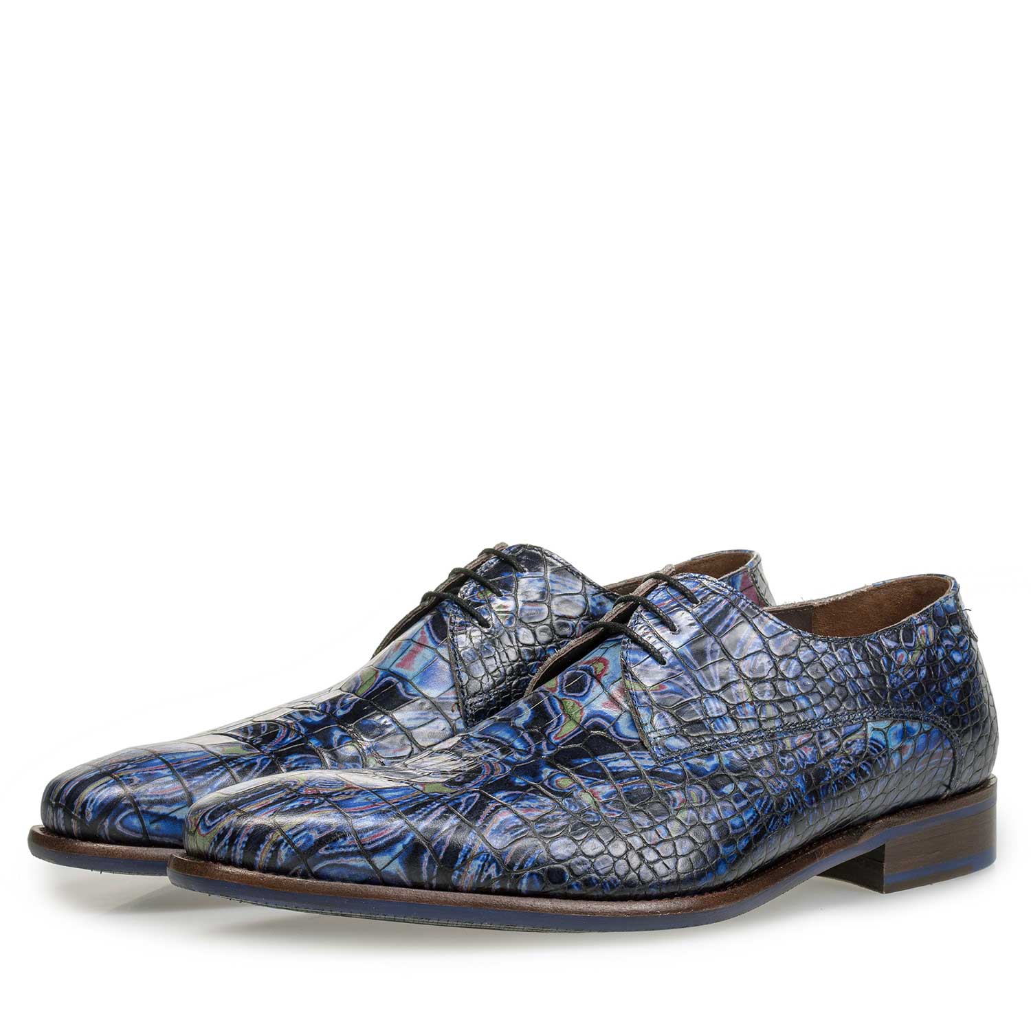 14267/03 - Blauer Premium Leder Schnürschuh mit Krokoprint 14267/03 - Blauer Premium Leder Schnürschuh mit Krokoprint